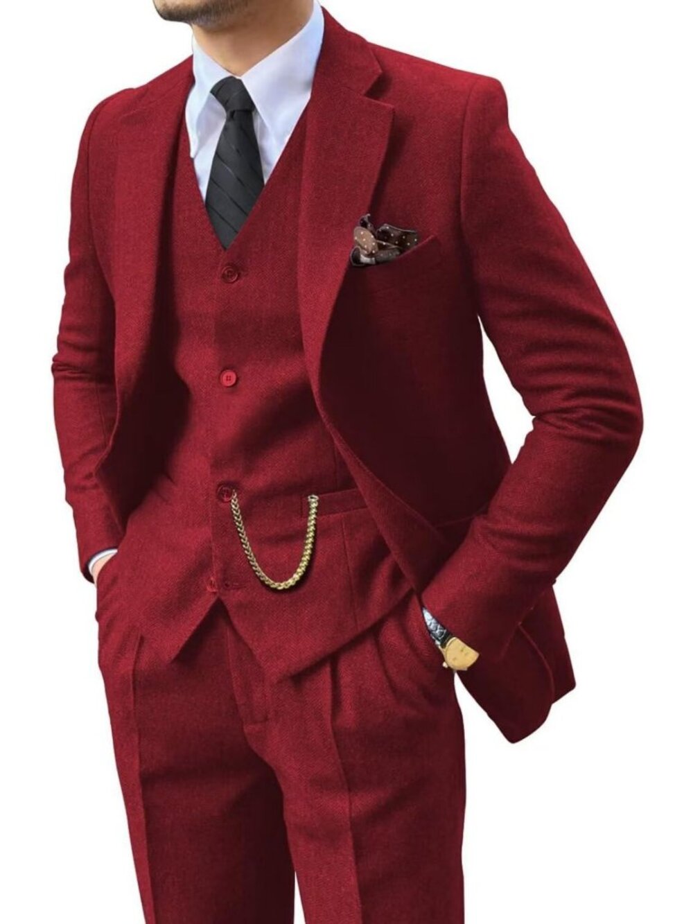 Stylish Retro 3-Piece Tweed Herringbone Suit Set for Men - Slim Fit Jacket, Vest